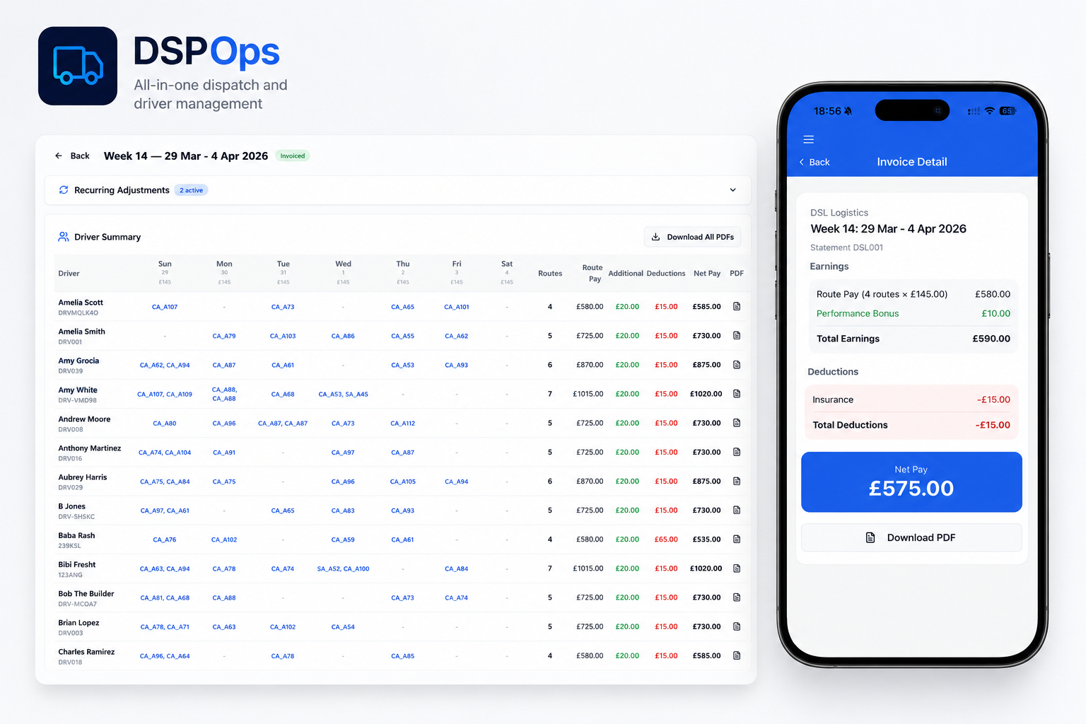 DSPOps payroll view on a phone
