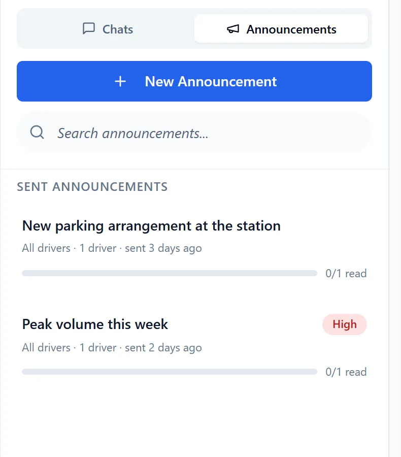Announcements list with per-driver read tracking