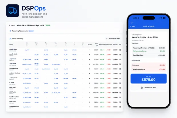 Weekly driver invoice run and a driver's invoice on a phone