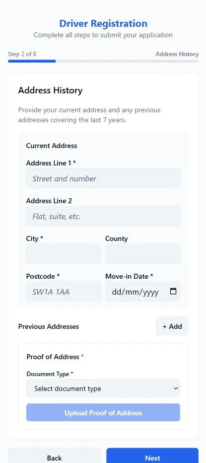 Driver registration wizard on a phone, step 2 of 8: address history with proof-of-address upload