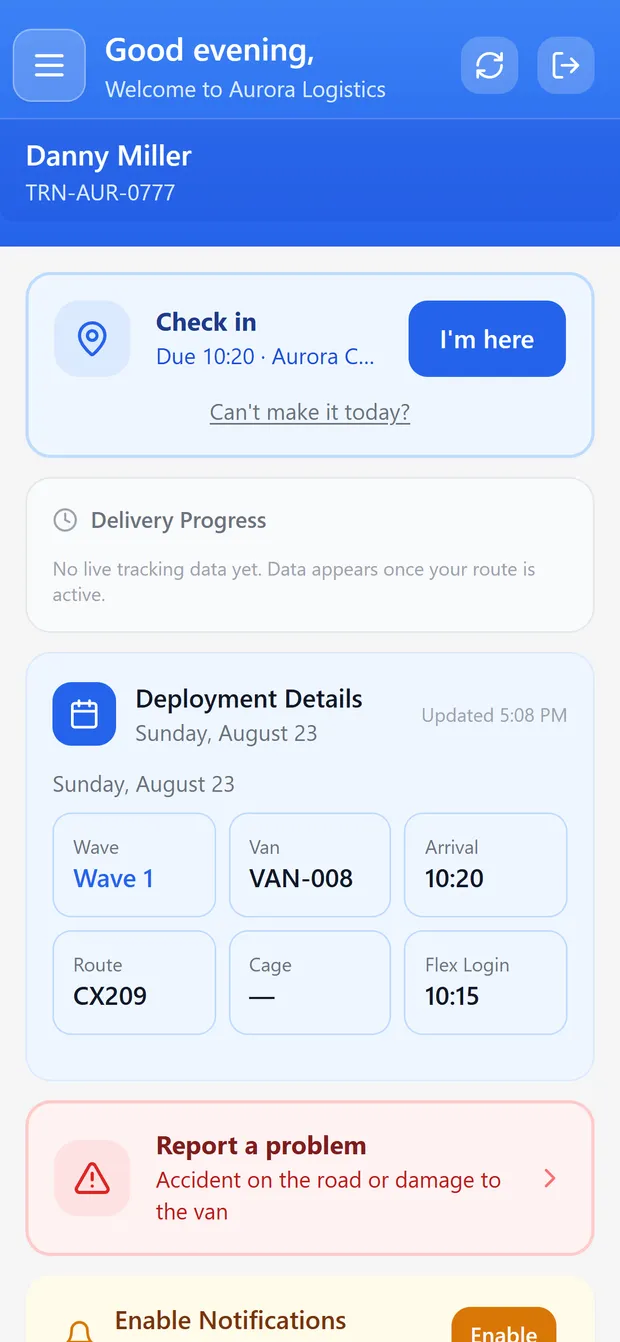 DSPOps driver app home screen showing the check-in button, today's route, van and wave