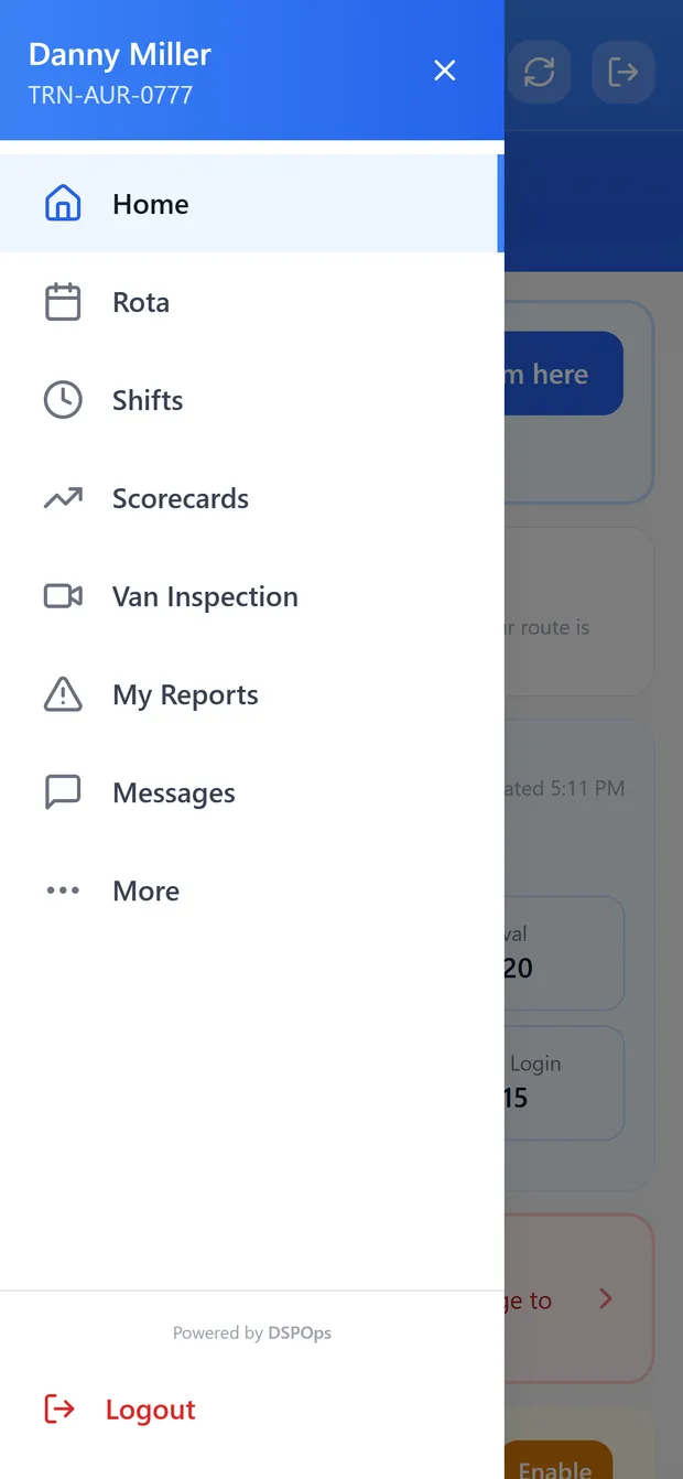 Driver app menu — rota, shifts, scorecards, van inspection, reports and messages