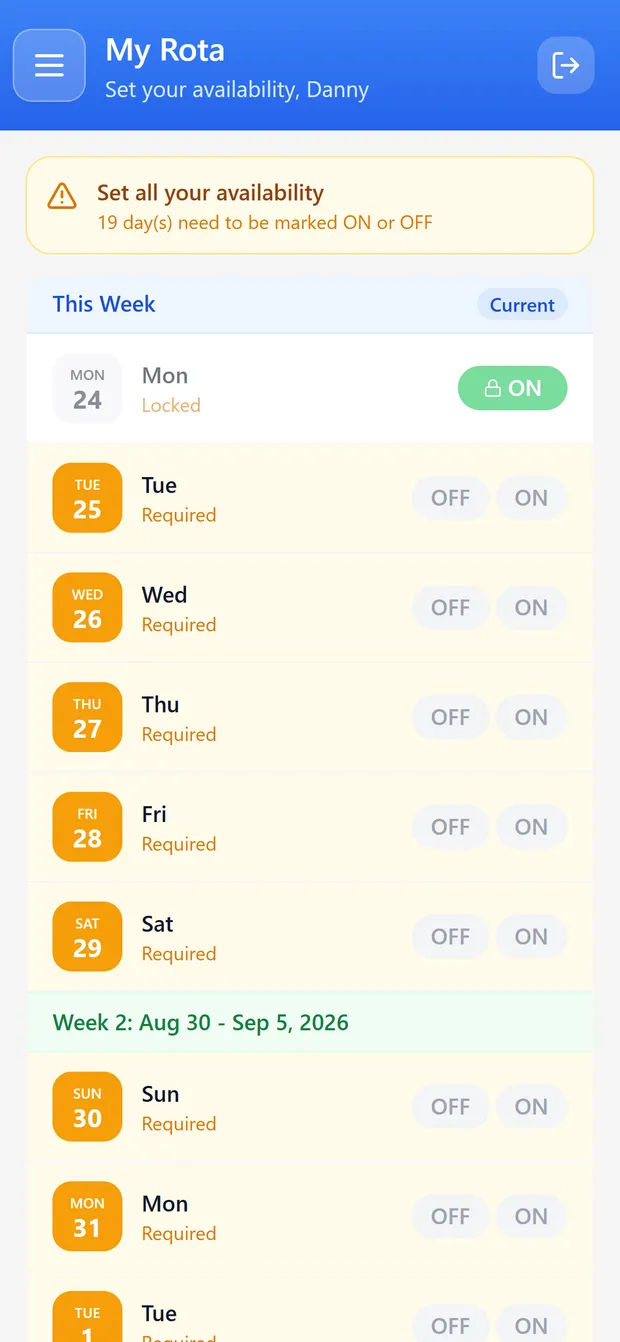 Driver app My Rota — set availability day by day